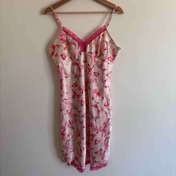PINK Midi silky Womens Medum White Pink Butterflies - Picture 1 of 3